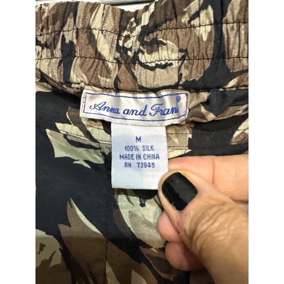 Vintage Anna & Gran Floral Maxi Skirt M 100% Silk Black & Brown Button Front - Picture 4 of 4